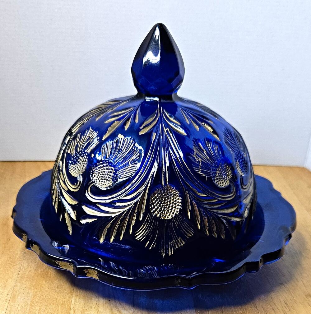 Vintage Mosser Cobalt Blue Inverted Thistle Covered Butter Dish Gold 7”l